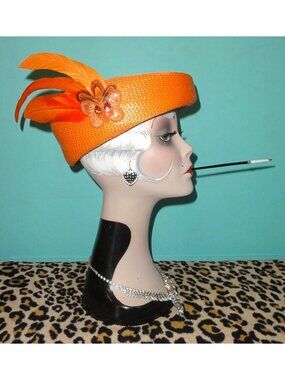 Vintage Orange Pillbox Hat w/ Feathers Sequins Butterfly pinup retro church 1960